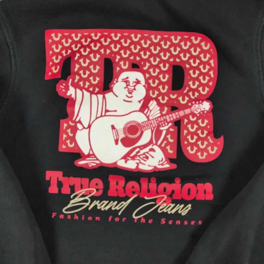 True Religion Hoodie Mens L Black Full Zip Fleece Buddha Graphic Sweatshirt